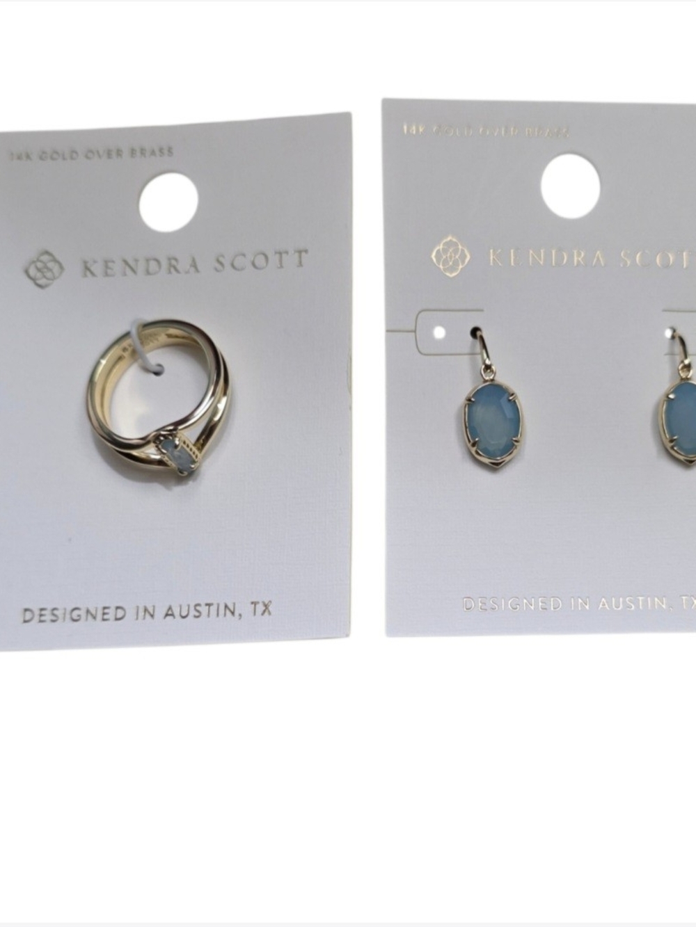 Kendra Scott Emma Double Band Ring Size 8 & Henley Drop Earrings Light Blue/Gold